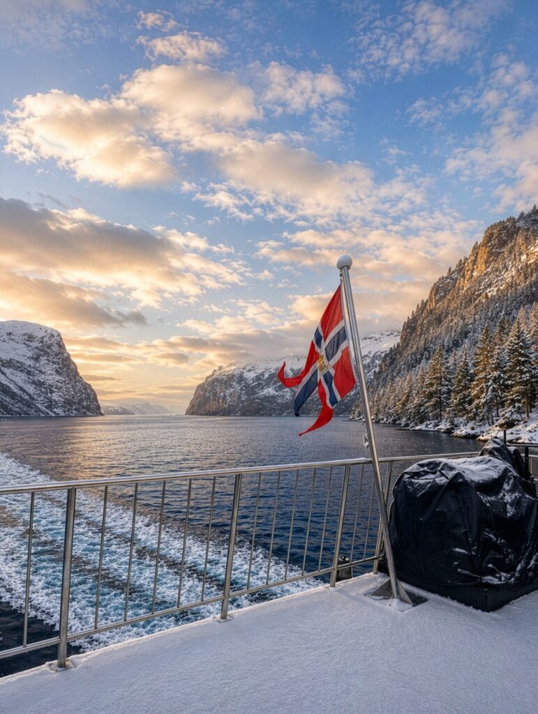 Blick auf Fjorde im Winter vom Schiff